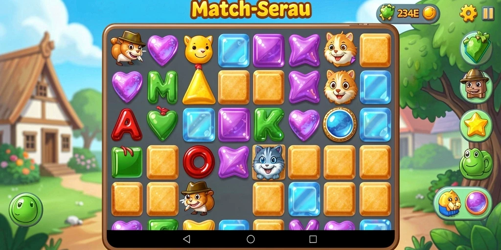 Screenshot game 234E menampilkan gameplay seru Match-3.