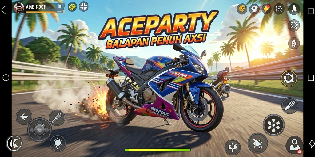 Tampilan gameplay ACEPARTY dengan balapan motor yang mendebarkan.