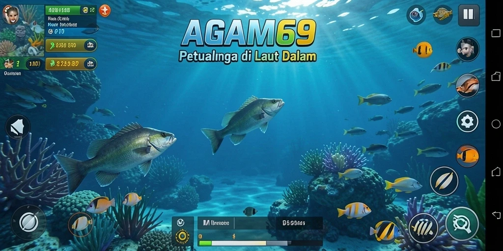 Screenshot AGAM69 menampilkan pemain yang menangkap ikan di laut yang indah.