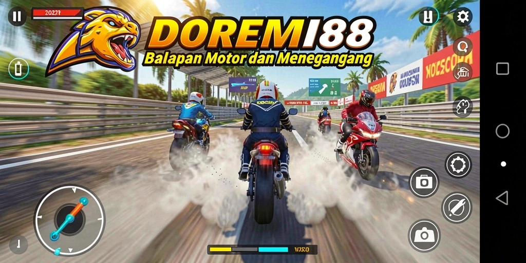 Tampilan gameplay seru DOREMI88 dengan balapan motor yang mendebarkan.