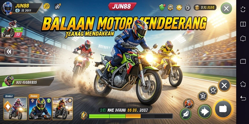 Gameplay mendebarkan di trek balapan JUN88 dengan motor yang bertenaga.