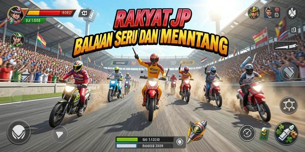 Gameplay RAKYATJP dengan mobil balap dan trek menantang.