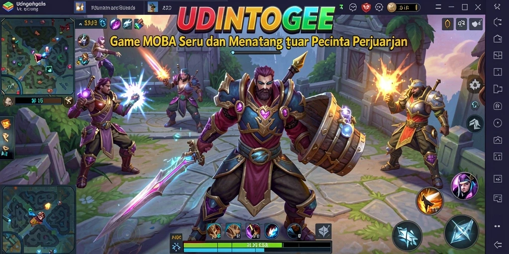 Tampilan gameplay menarik dengan karakter bertarung di arena MOBA.