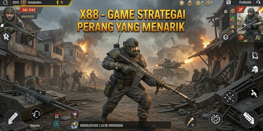 Screenshot utama X88 menampilkan aksi pertempuran strategi yang mendebarkan.